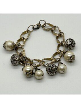Vintage Gold Tone Double Link Bracelet With Faux Pearl & Filigree Charm Baubles